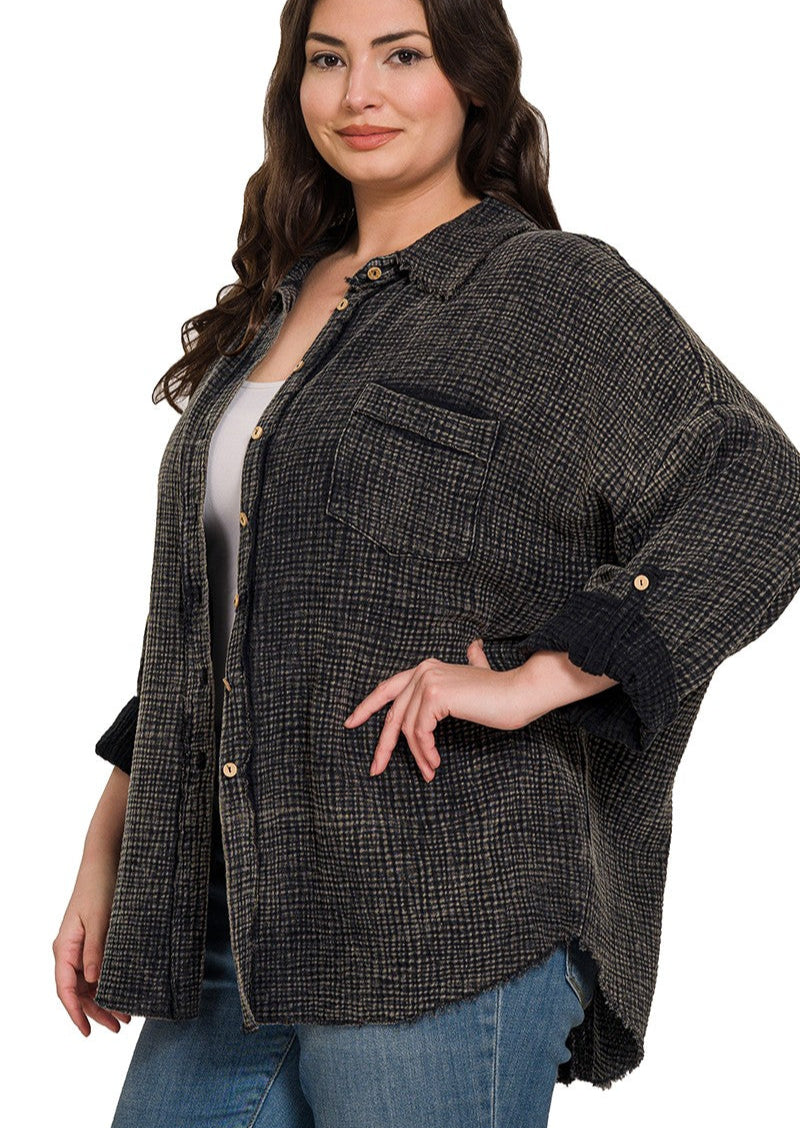 Zenana Ash Black Button Down