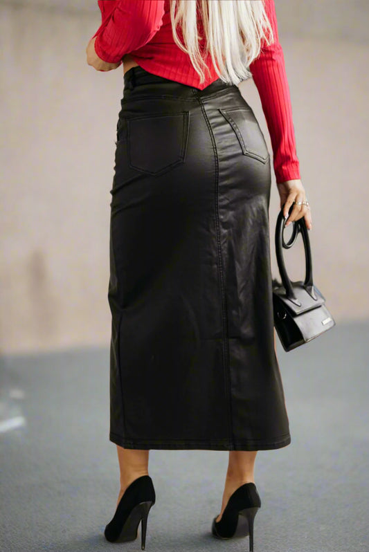 Split Front Leather Midi Skirt