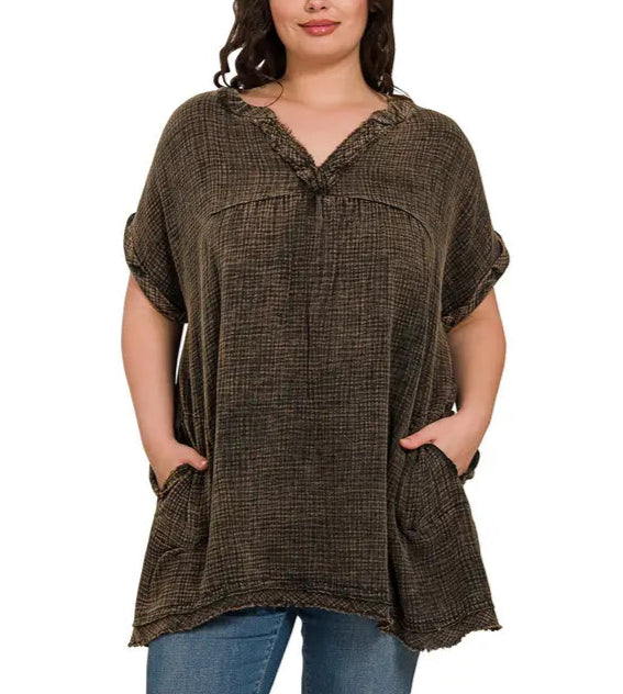 Washed Double Gauze Raw Edge Top