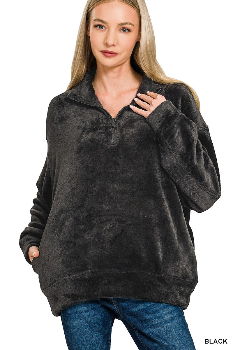 Faux Fur Half Zip Pocket Pullover - 2 Colors